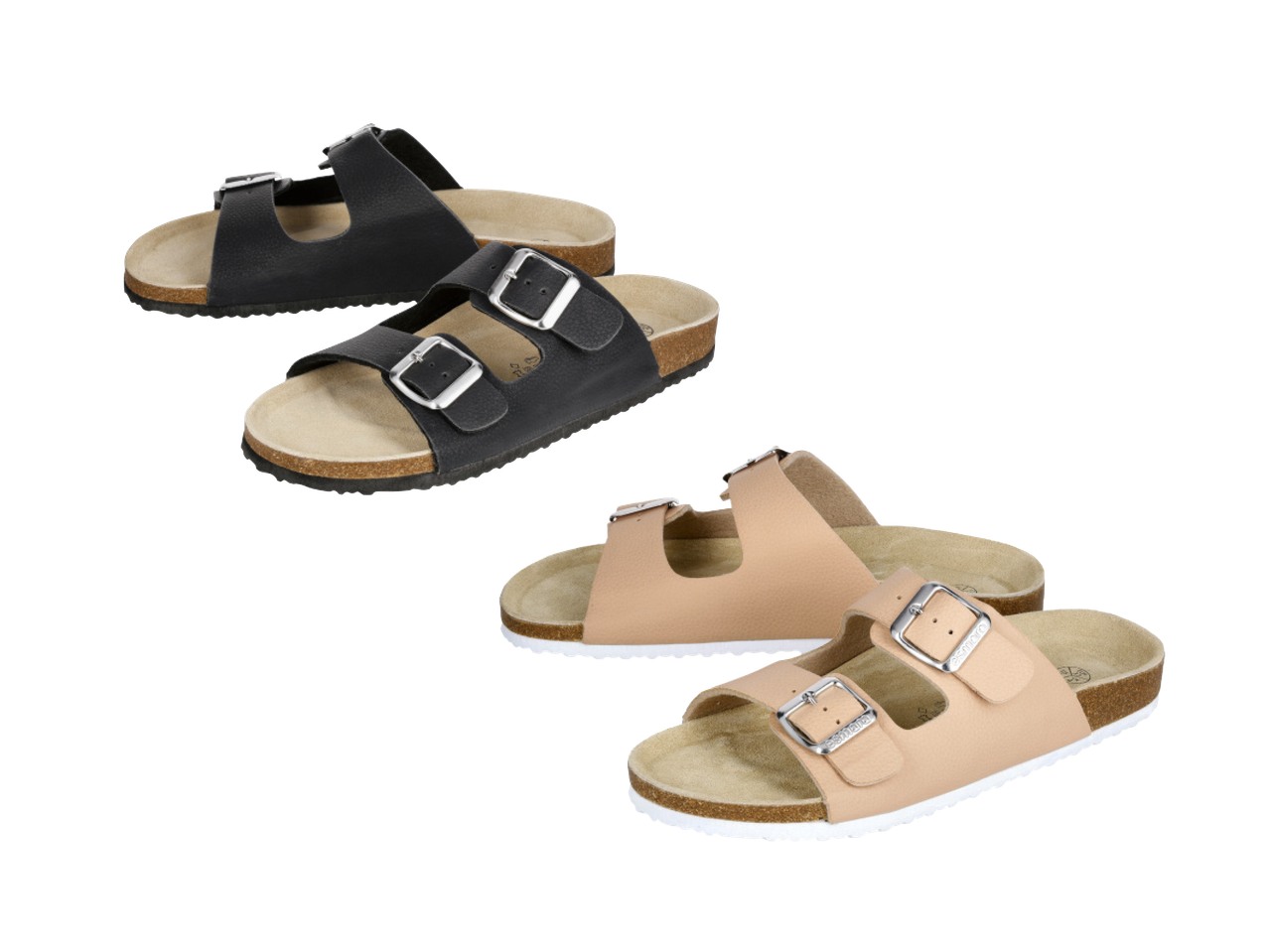 Dva para sandala s dvije trake, jedne crne i jedne bež boje.