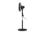 Black pedestal fan with a round base and a mesh-covered head, viewed from the side.