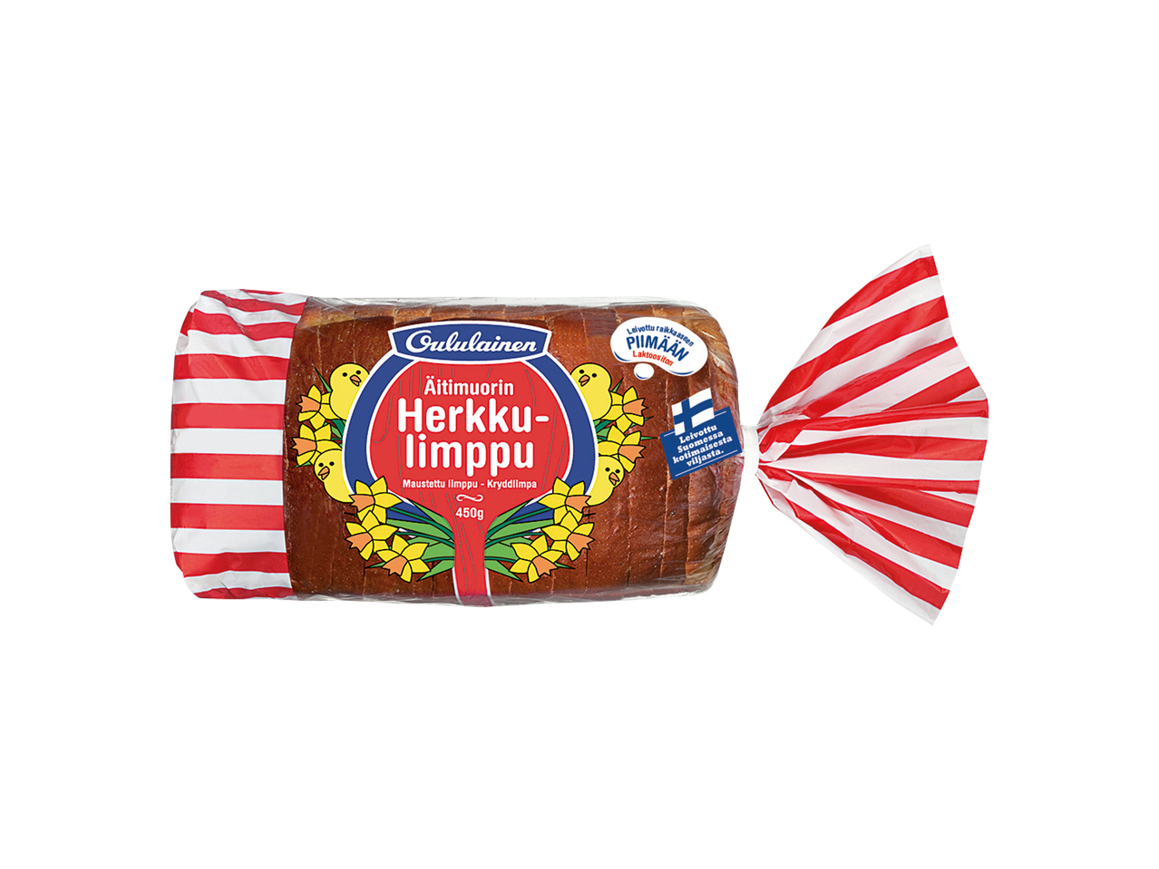 Maustettu limppu, jossa on pääsiäisteemainen pakkaus, jossa on tipuja ja narsisseja.