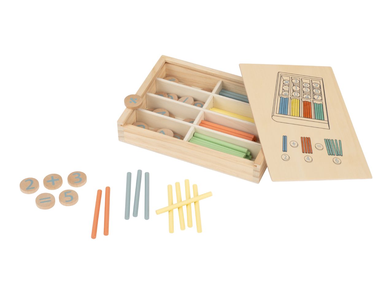 Wooden math learning set with number discs, operation symbols, and colorful counting sticks.