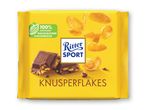Ritter Sport Knusperflakes chokoladebar med majsflager og et bæredygtighedsmærke.