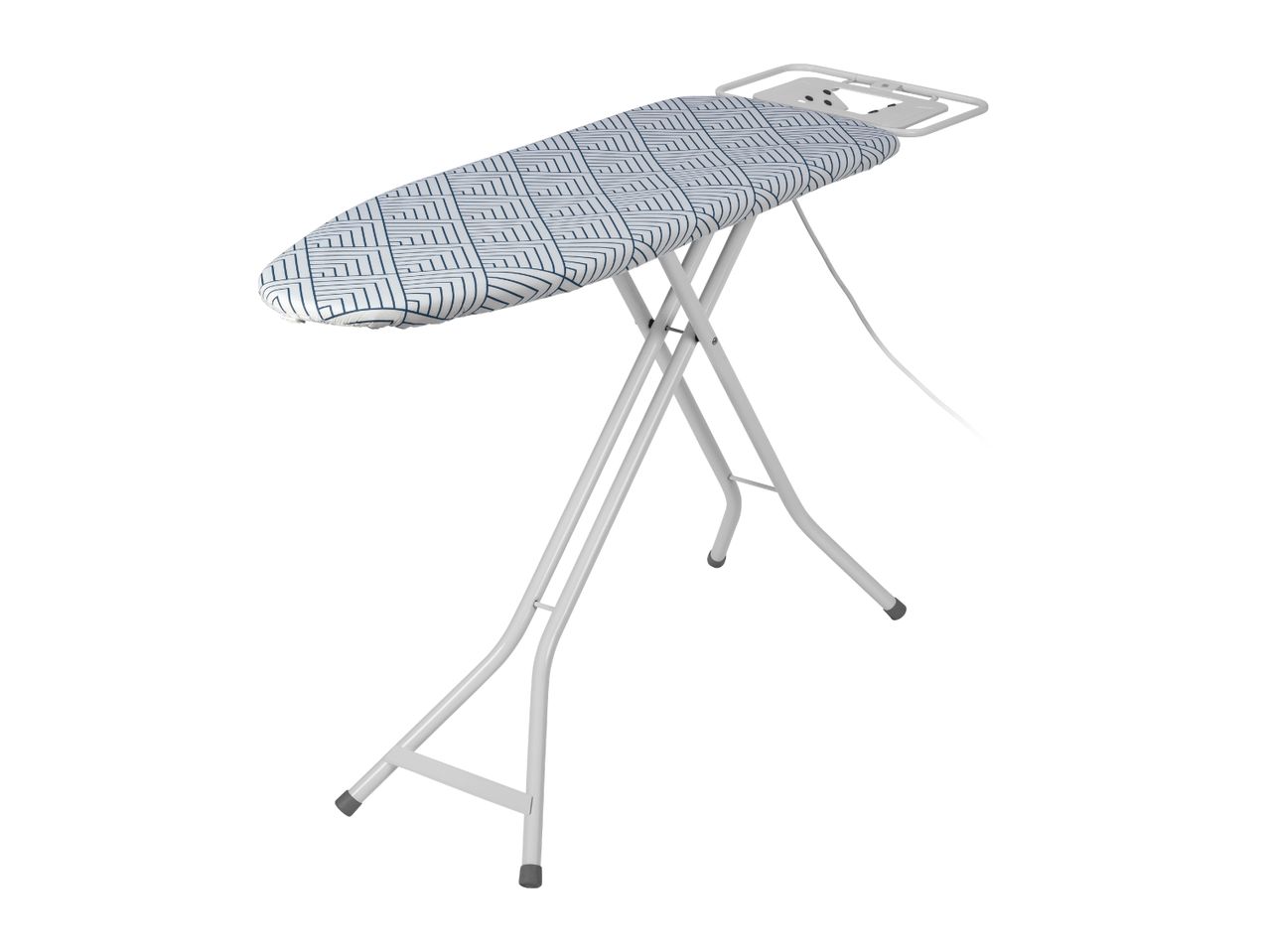 Ironing board with a blue geometric pattern cover and an iron rest