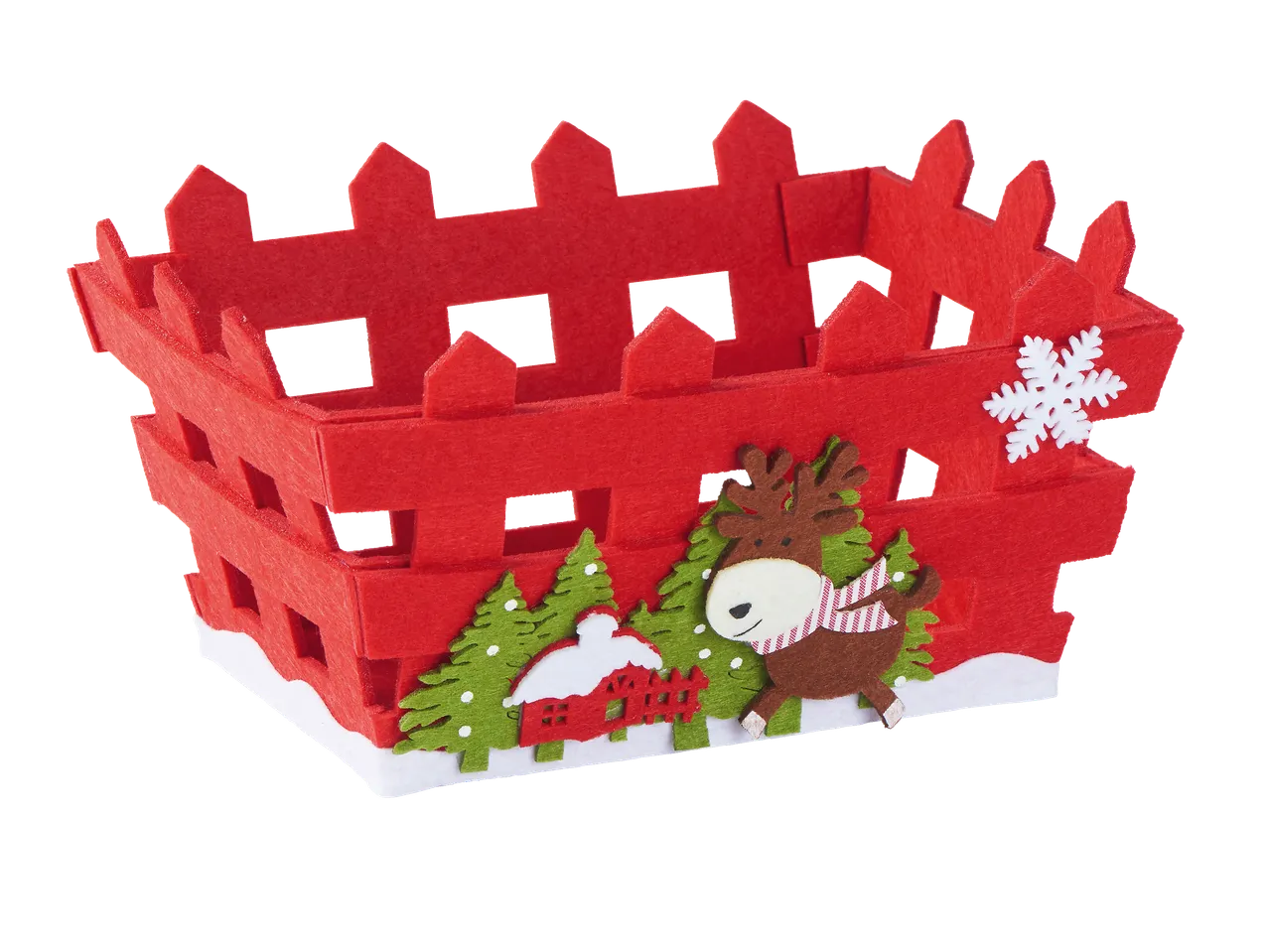 Црвена филцана корпа са божићном темом, са ирвасом и дрвећем