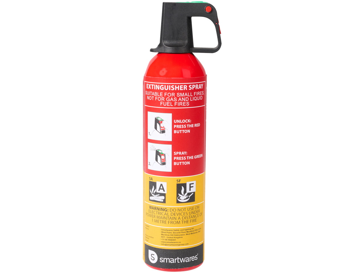 Red extinguisher spray for small fires, with instructions and safety warnings.
