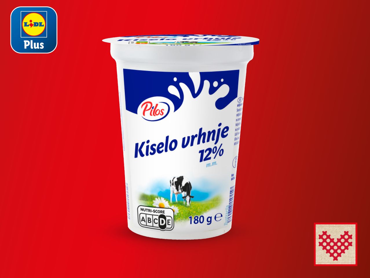 Pilos kiselo vrhnje 12% m.m. s Nutri-Score oznakom i logotipom Lidl Plus.