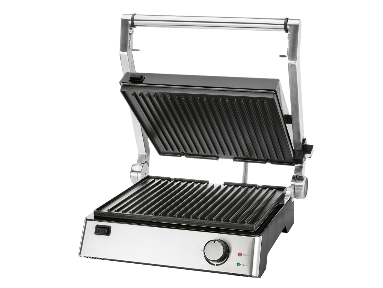Grelhador SILVERCREST 3 em 1 aberto com placas estriadas e controlo de temperatura.