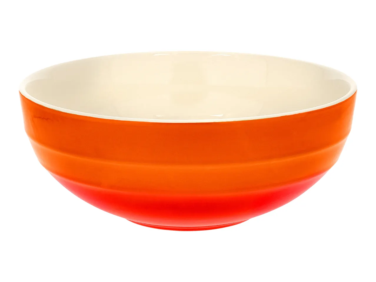 An orange ceramic bowl with a white interior, featuring a subtle gradient from orange to red.