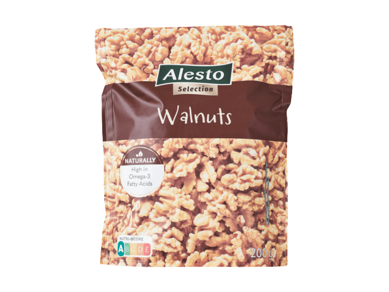 Pakk kreeka pähkleid, millel on kirjas 'Walnuts', 'NATURALLY High in Omega-3 Fatty Acids' ja '200 g'.
