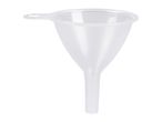 Translucent plastic funnel with a small handle on the side.