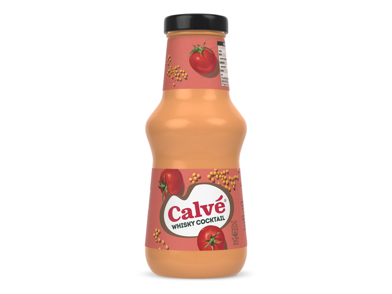 Fles whiskysaus met tomaten en mosterdzaadjes op het etiket, met voedingswaarden.