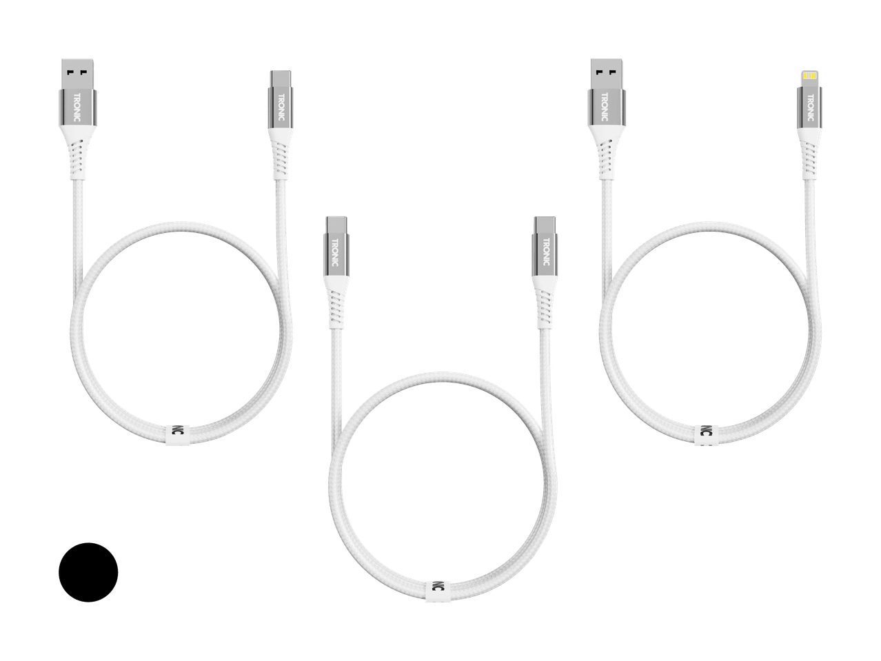 Trois câbles de charge blancs avec différents connecteurs USB et Lightning.