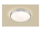 Round LED ceiling light with a brushed metal frame, illuminating a beige ceiling.