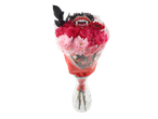 Vampire-themed bouquet with pink and red flowers in a clear vase.