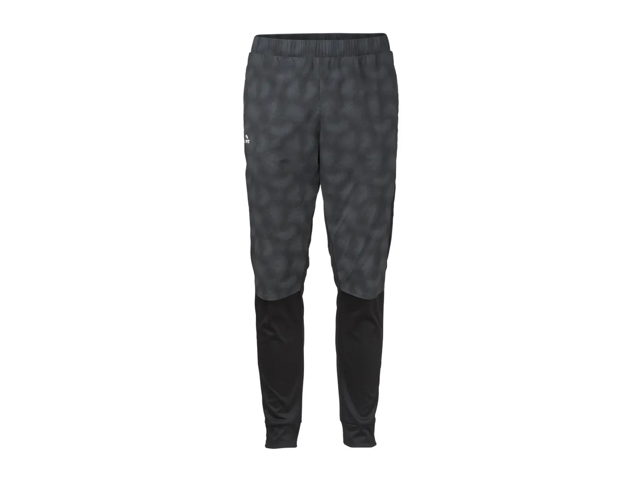 Dark grey patterned athletic pants with black lower legs and elastic waistband
