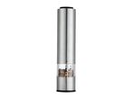 Stainless steel electric pepper mill with a clear chamber filled with peppercorns.