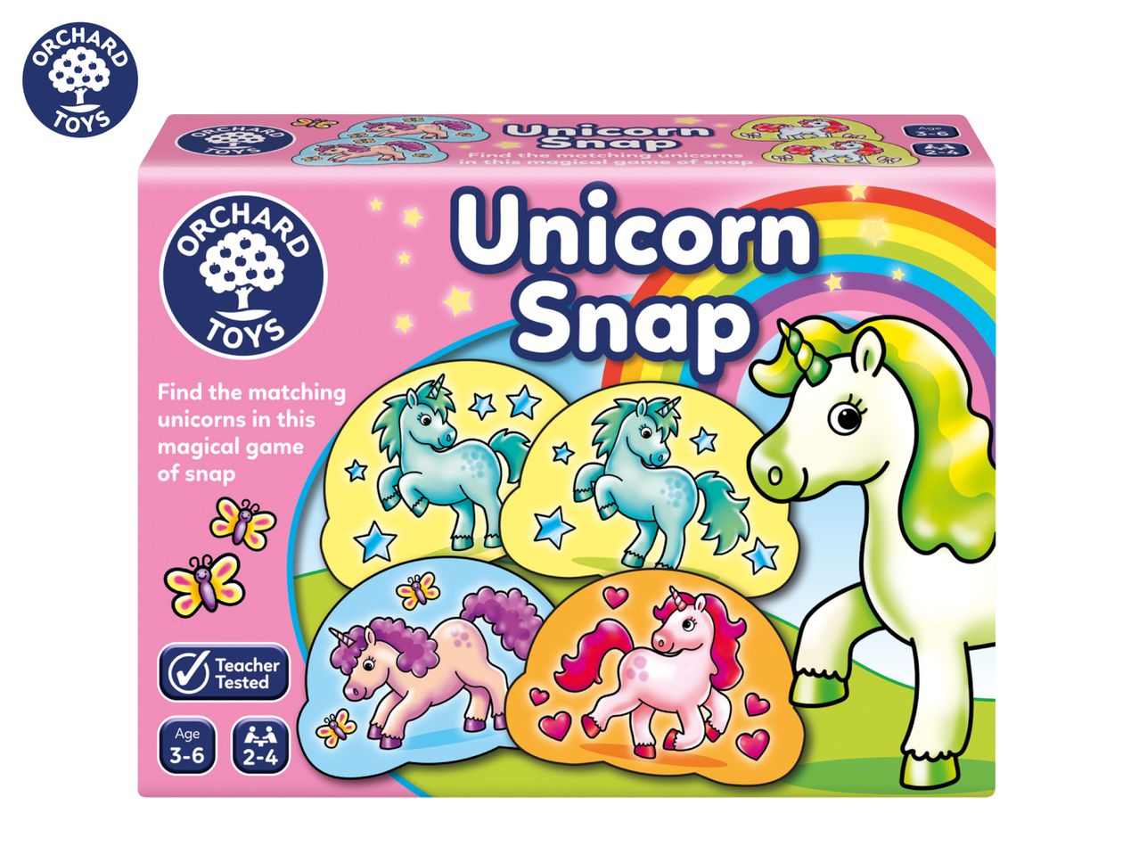 Unicorn Snap card game for ages 3-6, featuring colorful unicorns and a rainbow.