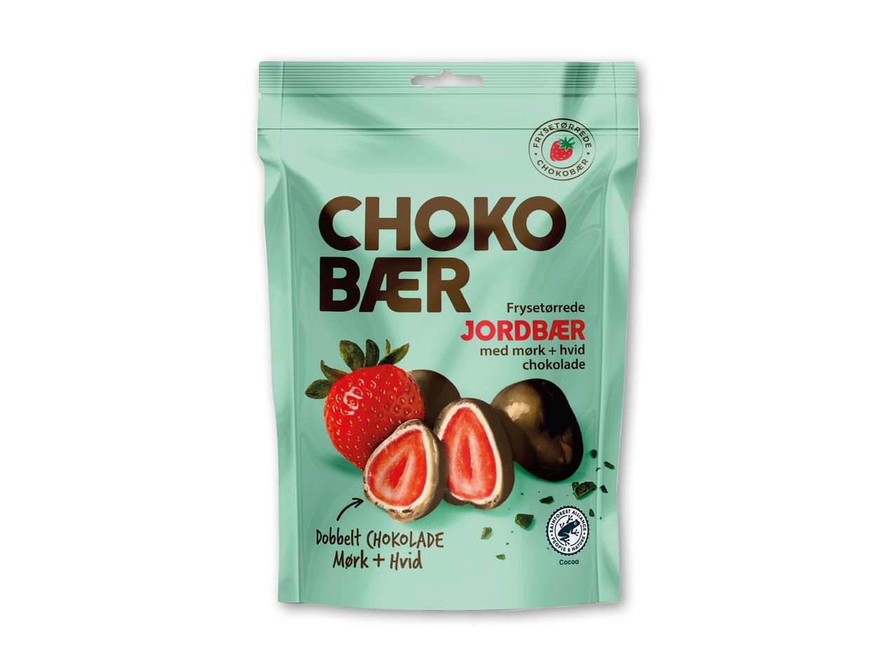 Pose med frysetørrede jordbær dækket af mørk og hvid chokolade.
