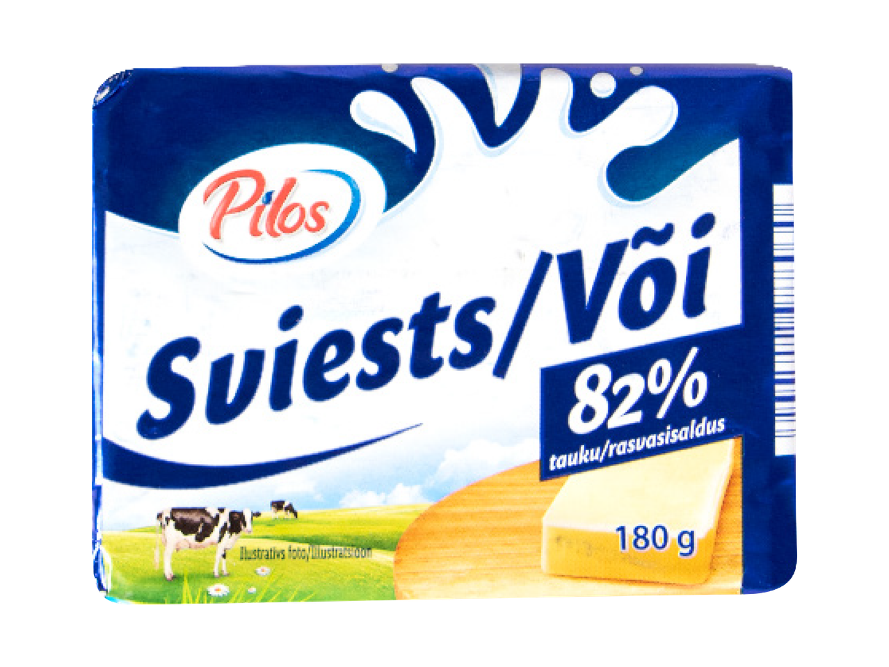Pilos või 82% rasvasisaldusega, 180g pakendil lehmade ja piima kujutisega.