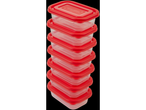 A stack of six red plastic food containers with clear bases.