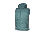 A teal hooded puffer vest with a zipper closure and pockets.