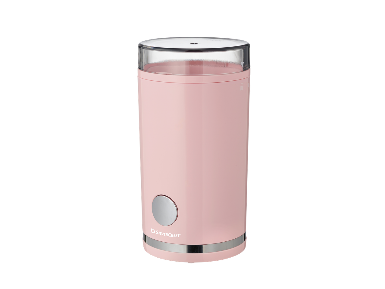 Moedor de café elétrico rosa com tampa transparente e botão prateado.
