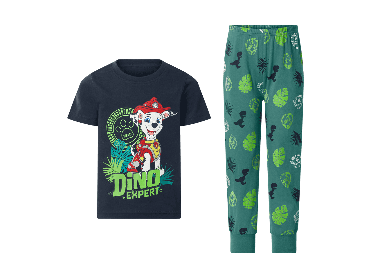 Natsæt med mørkeblå t-shirt med hundemotiv og grønne bukser med dinosaur- og bladprint.