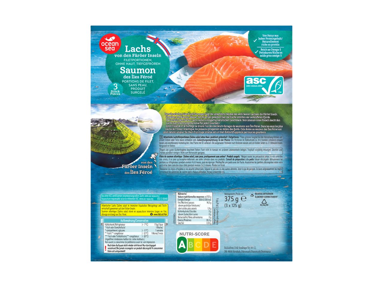 Ocean Sea: 3 tiefgekühlte Lachsfilets von den Färöer Inseln, ohne Haut.