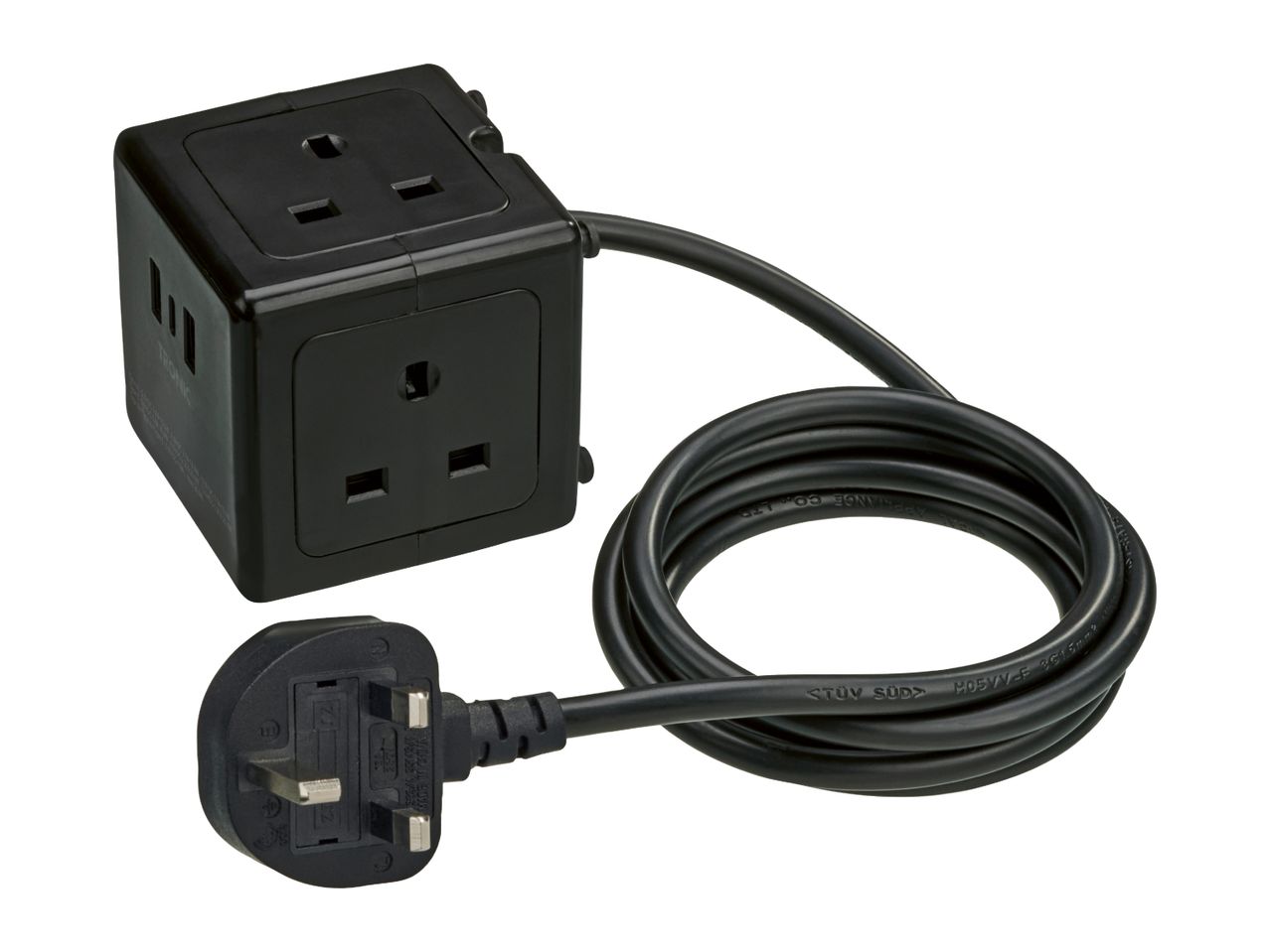 Black cube-shaped power strip with three UK sockets and a coiled power cable with a UK plug.