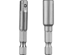 Two metal impact driver bits, one with a ball bearing, on a black background.
