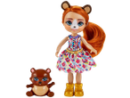 Enchantimals pop met eekhoornoren, bloemenjurk en eekhoornfiguur.