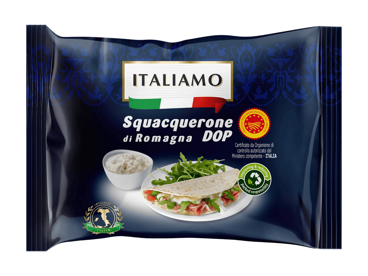 Verpackung von Squacquerone di Romagna DOP mit Piadina und Rucola.