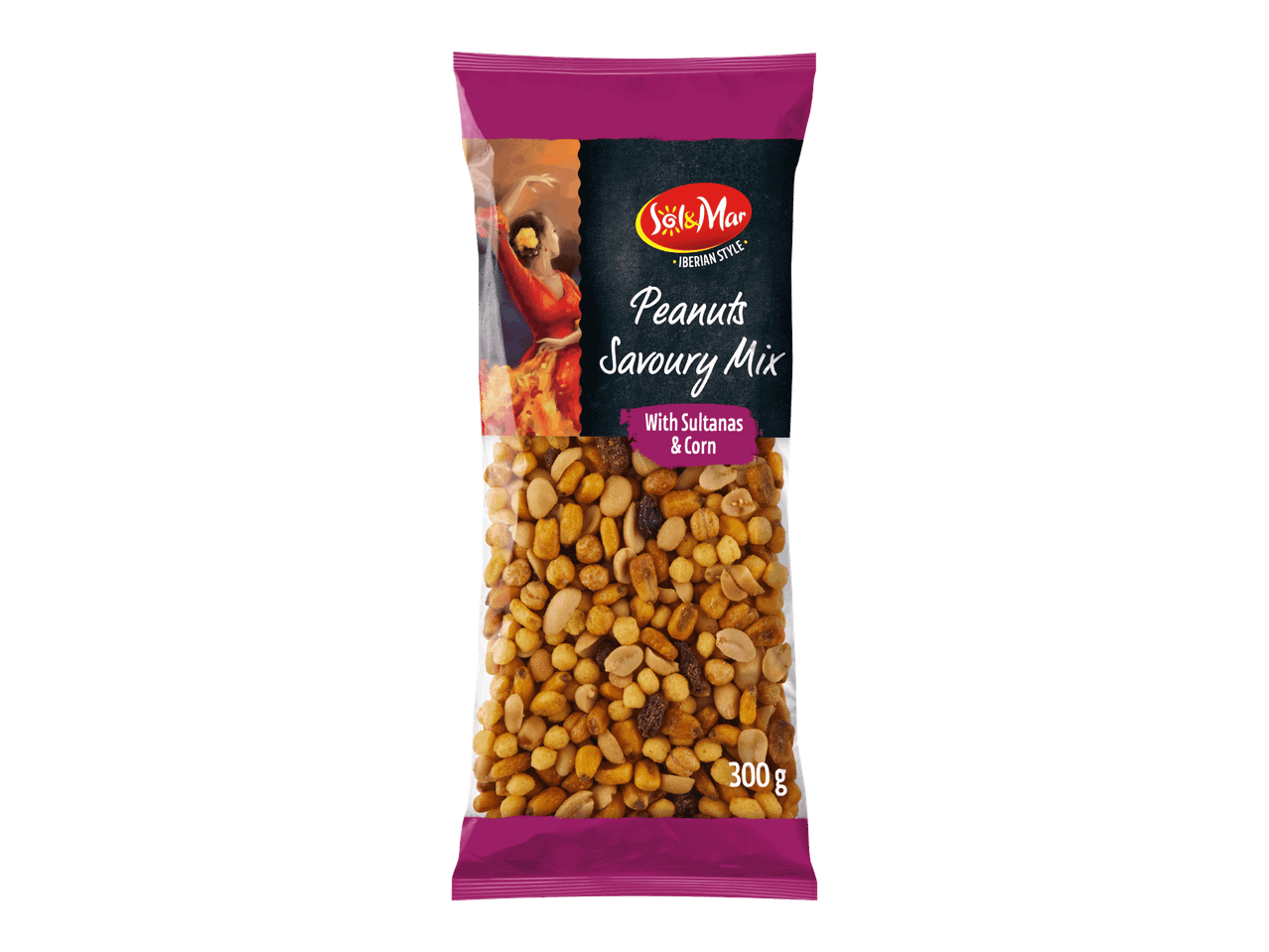 Maapähkinä-suolasekoitus sulttaanirusinoilla ja maissilla, 300 g