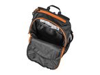 A black backpack with orange accents is shown open, revealing its empty interior.