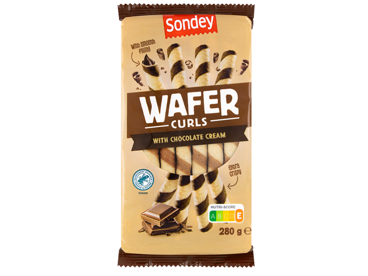 Sondey vaflinių lazdelių su šokoladiniu kremu pakuotė, 280g.