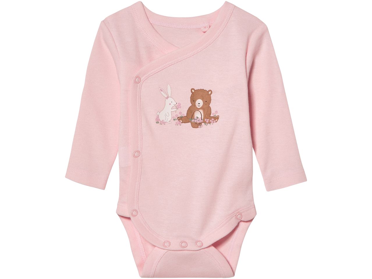 Body rosa neonato con stampa di coniglio e orso.