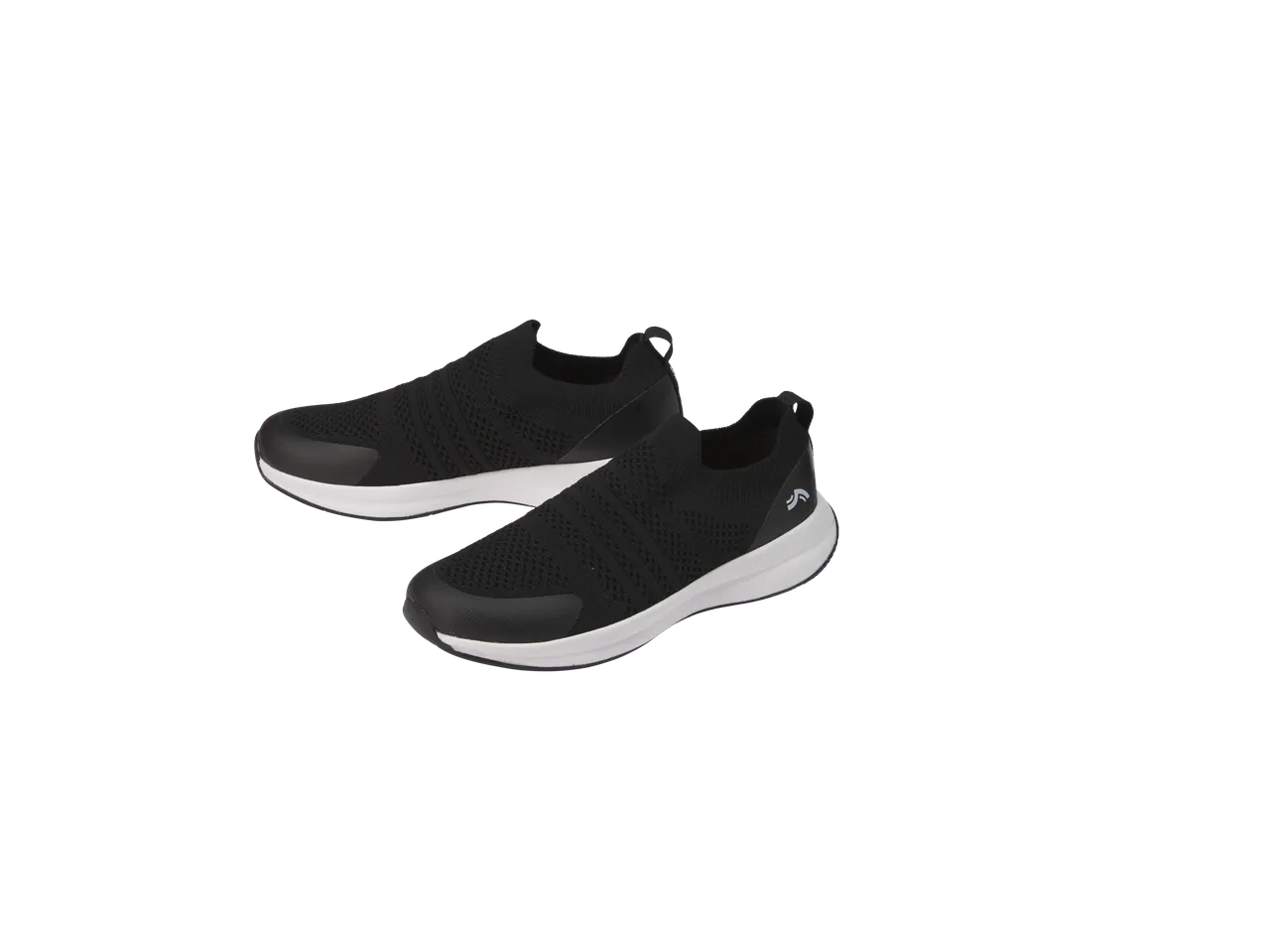 O pereche de adidași negri, tip slip-on, cu talpă albă.