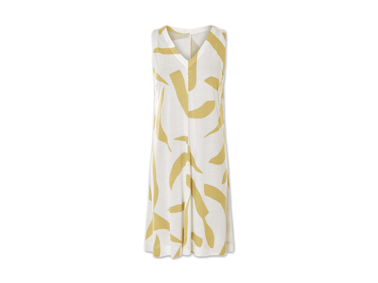Gelbes Maxikleid mit abstraktem Muster.