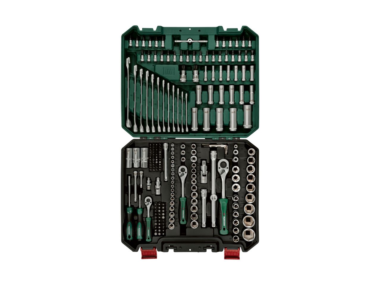 A comprehensive 216-piece socket and wrench set in a dark green case, featuring various tools.