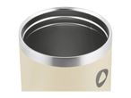 Close-up of the top of a cream-colored insulated tumbler with a silver rim and dark interior.