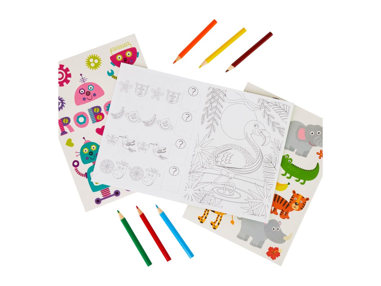 Children's coloring and activity books with robot and jungle themes, plus colored pencils.