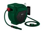 A green Bosch wall-mounted hose reel with a partially extended hose.