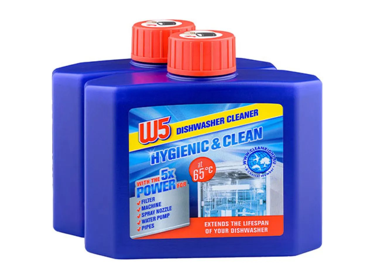 Two blue bottles of W5 Dishwasher Cleaner, Hygienic & Clean, with 5x power.