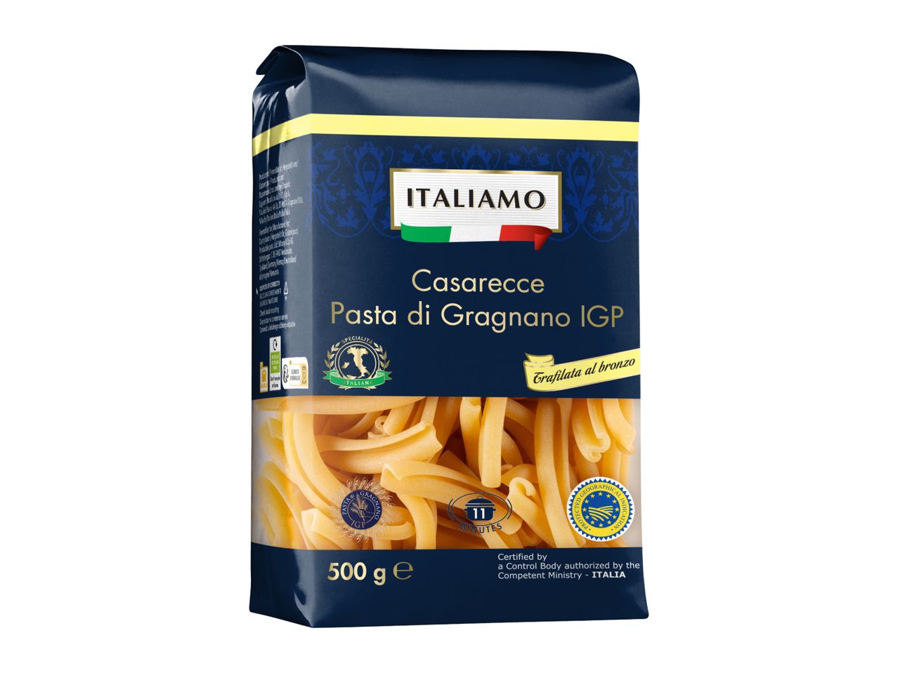 Dark blue package of Casarecce pasta with gold and white text, indicating it's Pasta di Gragnano IGP.