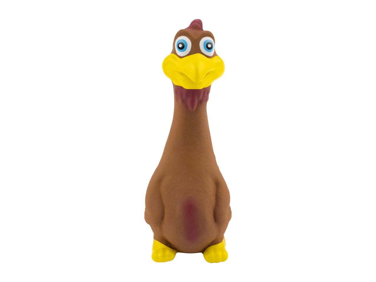 Brown rubber chicken dog toy with yellow beak and feet