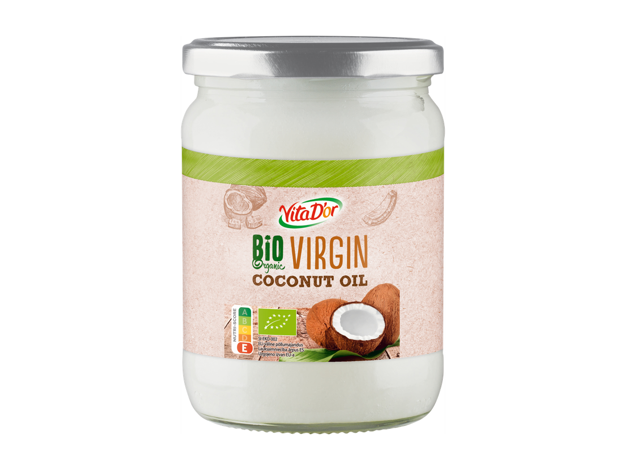 Staklenka organskog djevičanskog kokosovog ulja s oznakom Nutri-Score E i EU organskim logotipom.