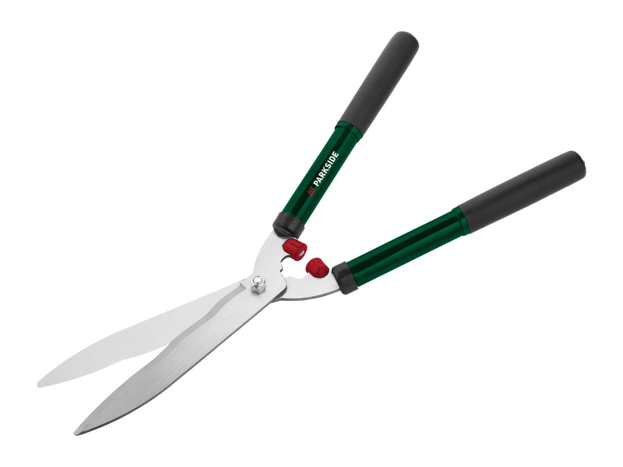 Hedge shears with long green handles and black grips, featuring silver blades and red stoppers.