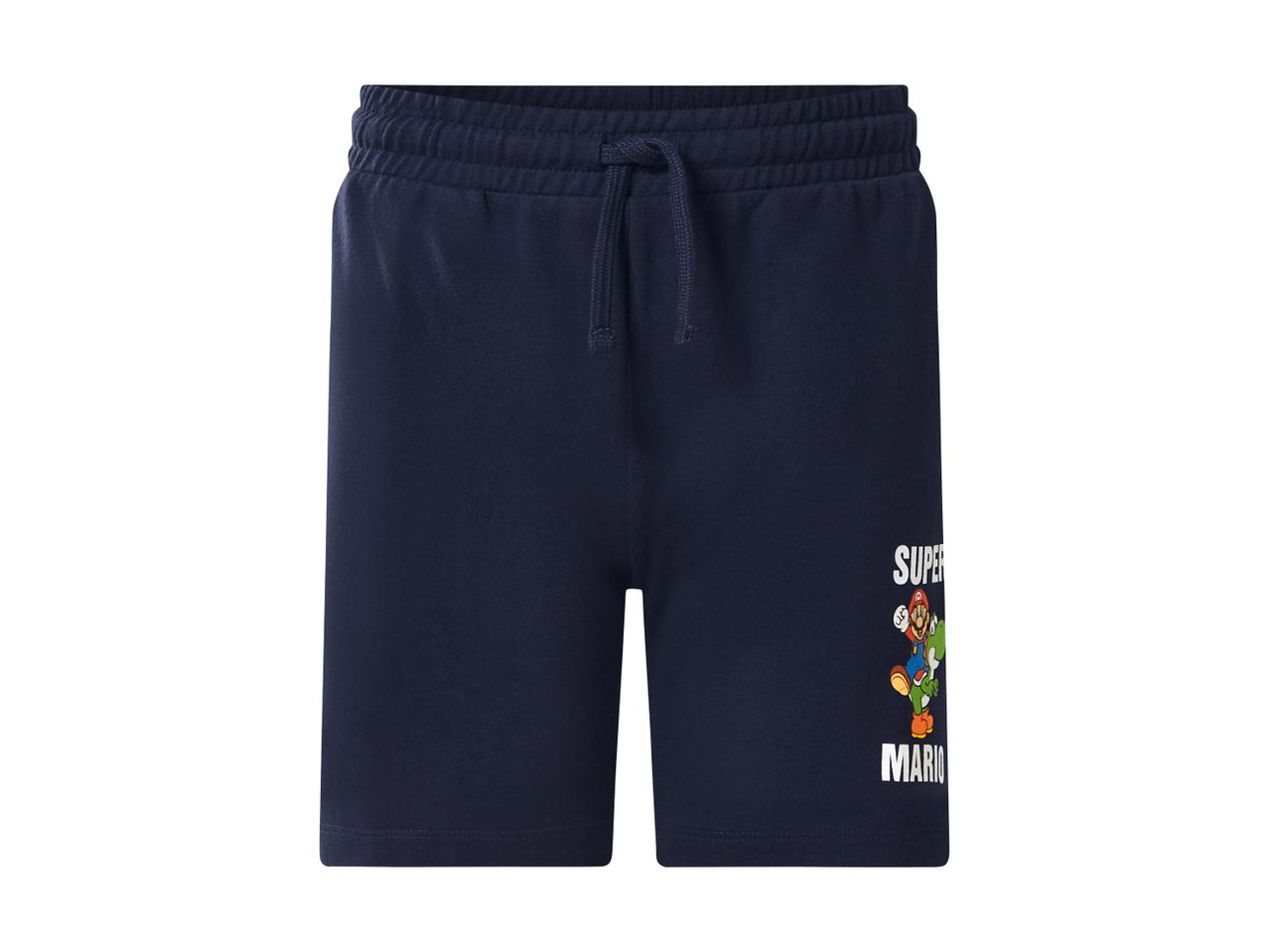 Dark blue shorts with a drawstring waist and a Super Mario graphic on the right leg.