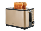 SILVERCREST® 2-slice toaster in gold with two slices of toasted bread.