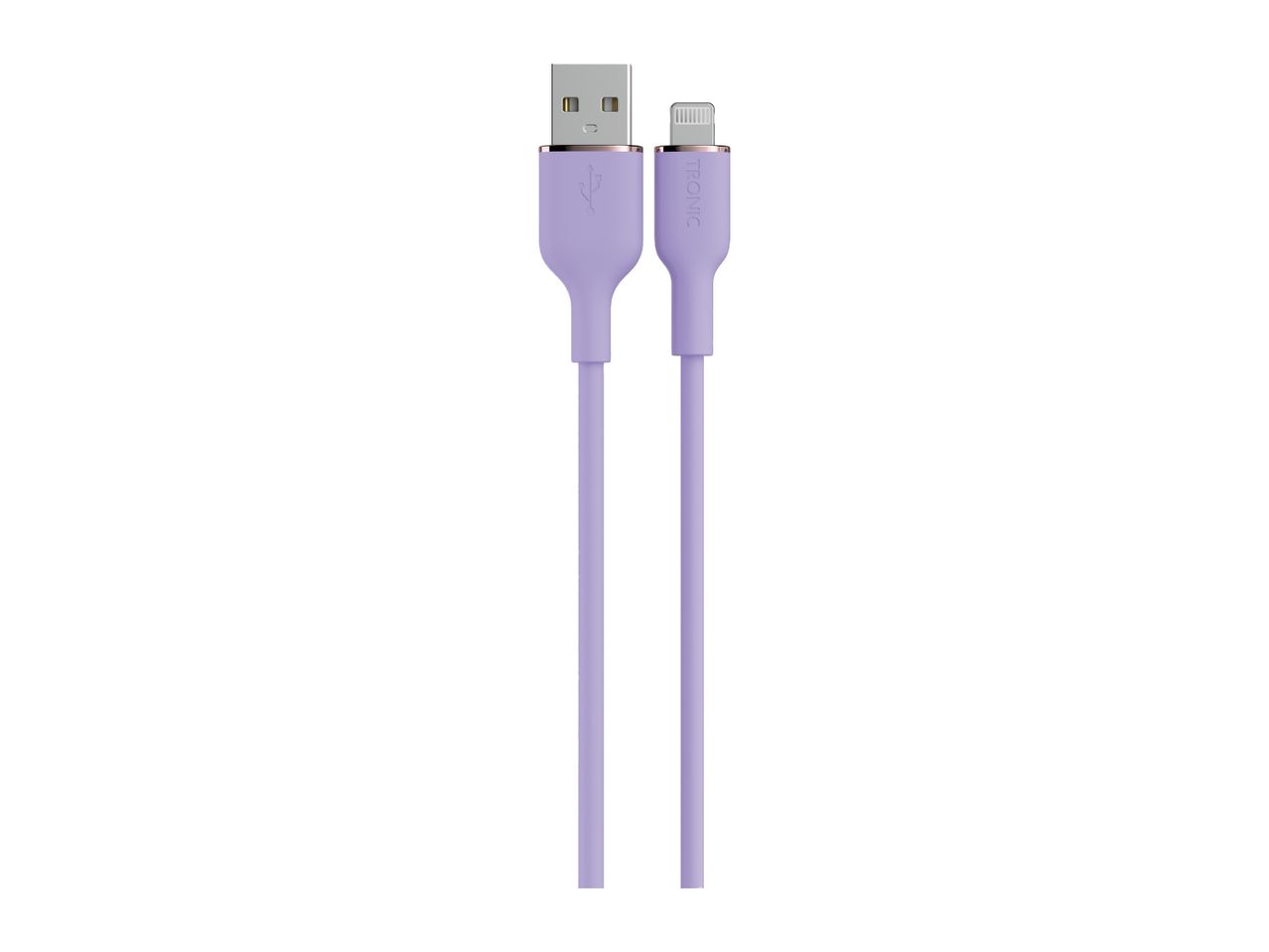 A purple USB to Lightning cable with rose gold accents.