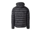 Back view of a black puffer jacket with a hood